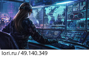 A military officer operates and monitors global data and digital maps on various high-tech screens in a control room, demonstrating advanced technological capabilities. Стоковое AI-изображение, AI-художник Данила Большаков / Фотобанк Лори