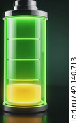 A glowing 3D battery icon with animated charging effect, green to yellow gradient, tech-inspired dark interface, fast rechargeable. Стоковое AI-видео, аниматор Sergey Grishin / Фотобанк Лори