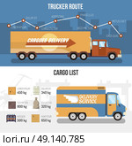 Delivery Trucks Banners. Flat horizontal delivery trucks banners presenting trucker route and cargo list isolated vector illustration. Стоковая иллюстрация, агентство Ingram Publishing / Фотобанк Лори