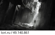 A man is walking alone down a dimly lit alleyway, surrounded by tall buildings on either side. Стоковое AI-изображение, AI-художник Данила Большаков / Фотобанк Лори