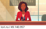 A cartoon of a woman confidently speaking into a microphone, showcasing public speaking or communication skills. Стоковое AI-изображение, AI-художник Данила Большаков / Фотобанк Лори