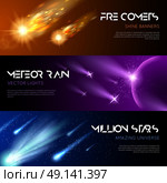 Space Horizontal Banners. Space horizontal banners with shiny light effects falling meteors comets stars vector illustration . Стоковая иллюстрация, агентство Ingram Publishing / Фотобанк Лори