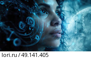 A woman looks thoughtfully at futuristic holographic projections of space and celestial bodies against a night sky backdrop. Стоковое AI-изображение, AI-художник Данила Большаков / Фотобанк Лори