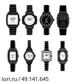 Popular Watches Styles Black Icons Set. Modern and retro popular watches styles sets black icons collection with mechanical automatic and quartz isolated vector illustration. Стоковая иллюстрация, агентство Ingram Publishing / Фотобанк Лори