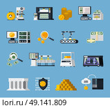 Money Manufacturing Icons Set.  Money manufacturing icons set with finance symbols flat isolated vector illustration . Стоковая иллюстрация, агентство Ingram Publishing / Фотобанк Лори