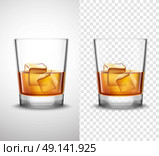 Whisky Shots Glassware Realistic Transparent Banners . Scotch whisky glasses set with alcohol and ice cubes 2 realistic  banners with transparent background isolated vector illustration . Стоковая иллюстрация, агентство Ingram Publishing / Фотобанк Лори