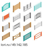 Fences Types Elements Icons Isometric Collection . Urban and farmland real estate boundary fences elements from wood brick and concrete isometric set isolated vector illustration . Стоковая иллюстрация, агентство Ingram Publishing / Фотобанк Лори
