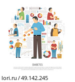 Diabetes Web Page Vector Illustration . Diabetes web page with symptoms statistic and information about self control methods flat vector illustration . Стоковая иллюстрация, агентство Ingram Publishing / Фотобанк Лори