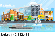 Taxi Vehicles Template. Taxi vehicles template with traffic of cars automobiles ship yacht and bus in flat style vector illustration. Стоковая иллюстрация, агентство Ingram Publishing / Фотобанк Лори
