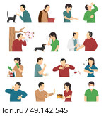 Allergy Symptoms Causes Flat Icons Set . Symptoms and causes of allergic reaction flat icons collection with food dust dog and cats allergens vector illustration . Стоковая иллюстрация, агентство Ingram Publishing / Фотобанк Лори