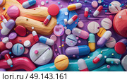 A painting featuring a variety of vibrant pills and capsules in different sizes and colors scattered across the canvas. Стоковое AI-изображение, AI-художник Данила Большаков / Фотобанк Лори