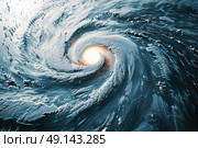 A massive cyclone spirals over the ocean, revealing powerful rotational winds and an eye at its center, under clear daylight, near the Earths equator. Стоковое AI-изображение, AI-художник Данила Большаков / Фотобанк Лори