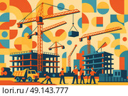 Construction site with cranes and workers - vector flat illustration, on geometric Bauhaus background. Стоковое AI-изображение, AI-художник Iva Noel / Фотобанк Лори