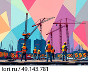Construction site with cranes and workers in hard hats, vests, and jeans, set against a geometric Bauhaus backdrop. Стоковое AI-изображение, AI-художник Iva Noel / Фотобанк Лори