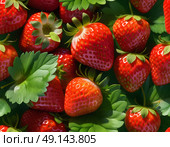 Vibrant still life. Close up. Fresh ripe strawberry on bright colorful edible background of ripe strawberries. Macro photography. Juicy red texture. Green leaves detail. Стоковое AI-изображение, AI-художник Iva Noel / Фотобанк Лори