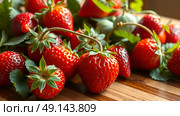 Ripe red strawberries with green leaves on wooden table background. Rustic still life. Healthy eating and healthy lifestyle concept. Стоковое AI-изображение, AI-художник Iva Noel / Фотобанк Лори