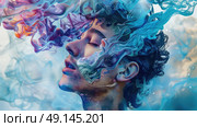 A painting depicting a mans face with wisps of smoke emanating from his mouth, illustrating a sense of mystery and intrigue. Стоковое AI-изображение, AI-художник Данила Большаков / Фотобанк Лори