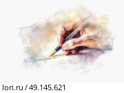 A hand grips a fountain pen, meticulously writing on white paper with a gentle background, suggesting a quiet, reflective moment in the early morning. Стоковое AI-изображение, AI-художник Данила Большаков / Фотобанк Лори