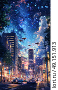 futuristic anime city with towering skyscrapers, flying cars, and a vibrant night sky filled with stars . Стоковое AI-изображение, AI-художник Anastasy Yarmolovich / Фотобанк Лори