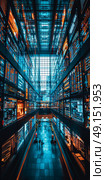 Explore a futuristic hallway, featuring vibrant neon lighting and highly reflective surfaces that enthrall. Стоковое AI-изображение, AI-художник Anastasy Yarmolovich / Фотобанк Лори