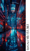 Explore a futuristic hallway, featuring vibrant neon lighting and highly reflective surfaces that enthrall. Стоковое AI-изображение, AI-художник Anastasy Yarmolovich / Фотобанк Лори