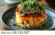 A vibrant and multilayered rice dish accompanied by succulent grilled meat and an assortment of fresh herbs. Стоковое AI-изображение, AI-художник Anastasy Yarmolovich / Фотобанк Лори