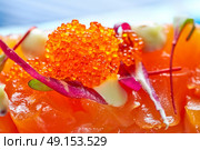 Salmon and avocado Tartare with soya and mustard mayonnaise Tartar. Стоковое фото, агентство Ingram Publishing / Фотобанк Лори