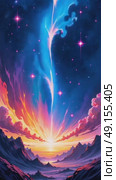 Colorful cosmic landscape with dramatic sunrise over mountains. Стоковое AI-видео, аниматор KATERINA AI / Фотобанк Лори
