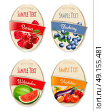 Four fruit, vegetables and berries labels. Vector. Стоковая иллюстрация, агентство Ingram Publishing / Фотобанк Лори