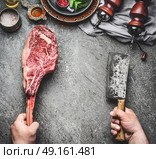 Male hands of  butcher or cook holding tomahawk beef steak and meat cleaver on dark rustic kitchen table background with cooking ingredients and condiment, top view, place for text. Стоковое фото, агентство Ingram Publishing / Фотобанк Лори