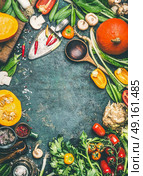 Pumpkin and Others organic harvest vegetables and ingredients with cooking spoon on rustic background, top view, frame, vertical. Стоковое фото, агентство Ingram Publishing / Фотобанк Лори