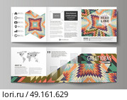 Set of business templates for tri fold square design brochures. Leaflet cover, abstract vector layout. Tribal pattern, geometrical ornament in ethno syle, ethnic backdrop, vintage fashion background.. Set of business templates for tri fold square design brochures. Leaflet cover, abstract flat layout, easy editable vector. Tribal pattern, geometrical ornament in ethno syle, ethnic hipster backdrop, vintage fashion background. Стоковая иллюстрация, агентство Ingram Publishing / Фотобанк Лори