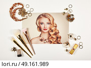 Fashion lady accessories collage. Falt Lay. Beauty photography. Make-Up brushes. Jewelry and lipstick. Fashion portrait of young beautiful woman with elegant hairstyle. Стоковое фото, агентство Ingram Publishing / Фотобанк Лори