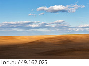 chalky plowed soil in a big field under a blue cloudy sky in springtime. Стоковое фото, агентство Ingram Publishing / Фотобанк Лори