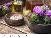 Beautiful blossoming buds thistle. Wild medicinal plant thistle on wooden background. Стоковое фото, агентство Ingram Publishing / Фотобанк Лори