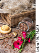 Flowers flax and linseed. Flax seeds,flax red flowers on a wooden retro background. Стоковое фото, агентство Ingram Publishing / Фотобанк Лори