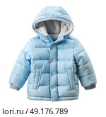 Bright blue puffer jacket designed for kids offers warmth and comfort. Ideal for winter fun, outdoor play, or chilly family outings in the snow. Стоковое AI-изображение, AI-художник Ольга Игнашина / Фотобанк Лори