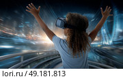 Child using virtual reality headset for metaverse, child looking into VR glasses. Little girl boy with futuristic glasses having fun, teenager playing video games. Technology, simulator, oculus future. Стоковое AI-изображение, AI-художник ALLA YURTAYEVA / Фотобанк Лори
