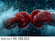 two boxing gloves clashing in a test. Стоковое AI-изображение, AI-художник Anastasy Yarmolovich / Фотобанк Лори