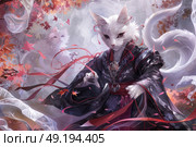 A white-furred anthropomorphic kitten in an elaborate robe casts a spell in a vibrant autumn forest, surrounded by falling leaves and magical creatures. Стоковое AI-изображение, AI-художник Данила Большаков / Фотобанк Лори