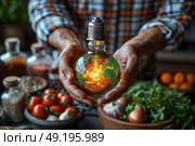 Hands hold a glowing globe filled with plants and vegetables in a rustic kitchen setting during daytime. Стоковое AI-изображение, AI-художник Климов Денис / Фотобанк Лори