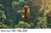 Adventurer in orange shirt ziplining through a dense, green jungle canopy in Bali on a sunny day, wearing a helmet and safety harness. Стоковое AI-изображение, AI-художник Данила Большаков / Фотобанк Лори