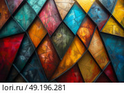 Colorful abstract wall art featuring geometric patterns and vibrant hues in a contemporary setting. Стоковое AI-изображение, AI-художник Климов Денис / Фотобанк Лори