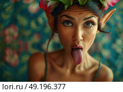 Whimsical elf woman with large pointy ears and a floral crown playfully sticks out her tongue against a colorful, patterned backdrop. Стоковое AI-изображение, AI-художник Данила Большаков / Фотобанк Лори
