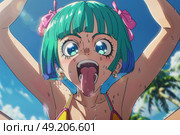A girl with vibrant green hair playfully sticks out her tongue in a carefree gesture. Стоковое AI-изображение, AI-художник Данила Большаков / Фотобанк Лори