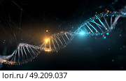 Blue DNA double helix with water molecule blue background. Human genetic research DNA, laboratory environment. Abstract image of human genetics, which glowing DNA strands merge with digital elements. Стоковое AI-изображение, AI-художник ALLA YURTAYEVA / Фотобанк Лори