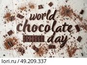 A piece of chocolate with World Chocolate Day written on it, symbolizing the celebration of this sweet holiday. Стоковое AI-изображение, AI-художник Данила Большаков / Фотобанк Лори