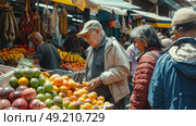Diverse group of individuals standing around a fruit stand, examining the produce and engaging in conversation. Стоковое AI-изображение, AI-художник Данила Большаков / Фотобанк Лори