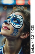 A close-up of a fan's face painted with intricate colors team designs, their eyes wide with anticipation as they watch the match on a giant sport stadium. Стоковое AI-видео, аниматор Sergey Grishin / Фотобанк Лори