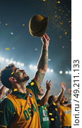 A slow-motion shot of a fan throwing their hat into the air in celebration, their painted face glowing under the stadium lights. Стоковое AI-видео, аниматор Sergey Grishin / Фотобанк Лори